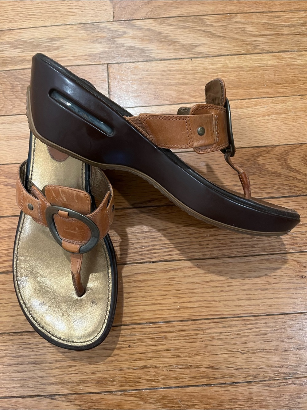 Cole Haan Nike Air Brown and Tan Leather Thong Wedge Sandals